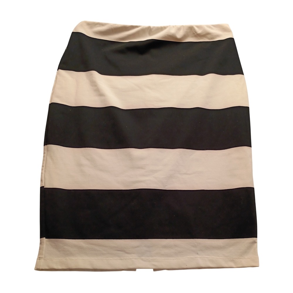 Jennifer Lopez Black White Striped Pencil Skirt Midi Bodycon Stretch Size L NWOT